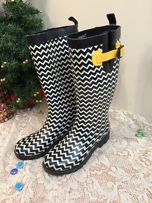 CAPELLI  Sz 6 / 37 Black / White Chevron  Boots Galoshes Womens Shoes Mid calf