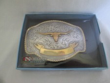 NOCONA Longhorn Steer Belt Buckle Engraveable Banner Scroll Western Vintage