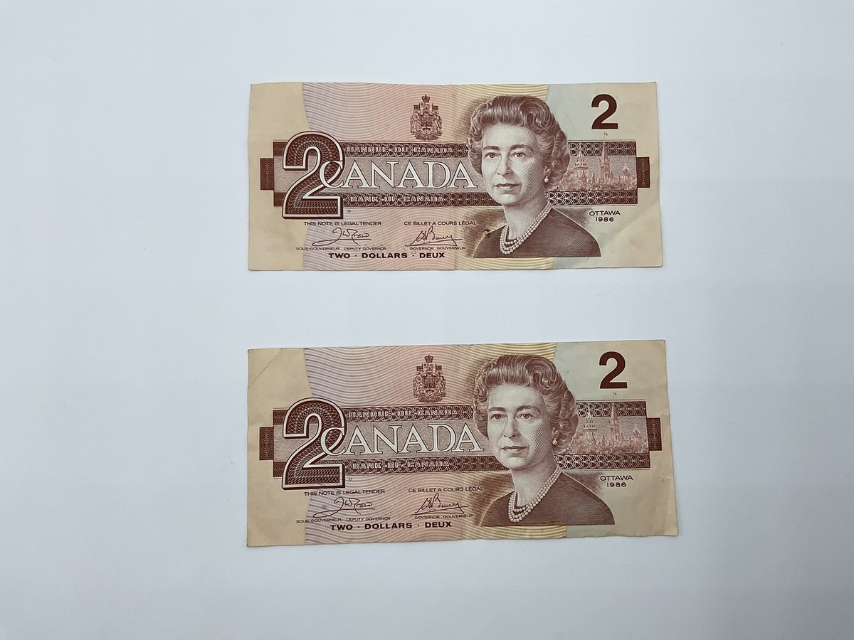 AUAページ 1986 CANADIAN $2.00 BANKNOTE PREFIX AUA & AUH LOT OF 2 CIRCULATED