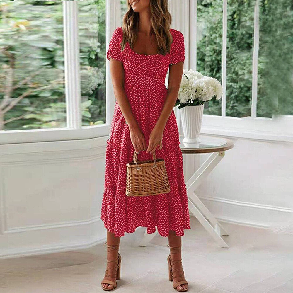 VALENTINO Abito midi donna boho floreale con volant prendisole estivo vacanza festa swing