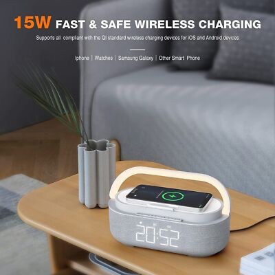 Smart Phone 15W Wireless Charger-Bluetooth Speaker-FM Radio-Digital-Alarm Clock