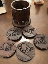 Vintage Hand Carved Ebony Wood 5 Coaster Set African Jungle Safari Animals