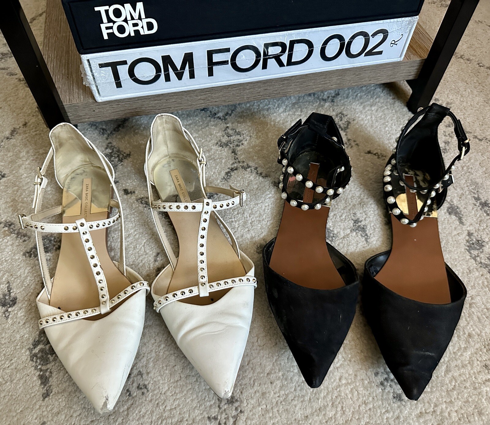 LOTTO DI 2: ZARA COLLECTION sandali bassi neri + bianchi con fibbia taglia 9 (40)