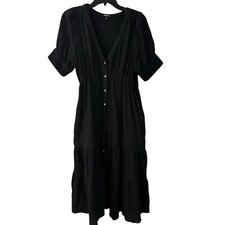 Madewell Lightspun Tiered Button Front Midi Dress Black Pockets Size 8 Cotton
