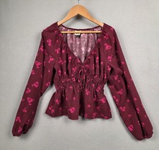 Floral Babydoll Top Womens Small Burgundy Pin...