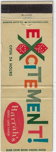 Vintage Streichholzbuchhülle Harrah's Casino Reno Lake Tahoe Datum 1960er FS FL - Bild 2 von 3