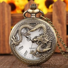 Bronze Dragon Sculpted Pocket Watch White Roman Numeral Dial with Necklace Chain