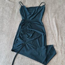 Windsor Teal Satin Dress Women M Ruched Side Asymmetrical Slip Party
