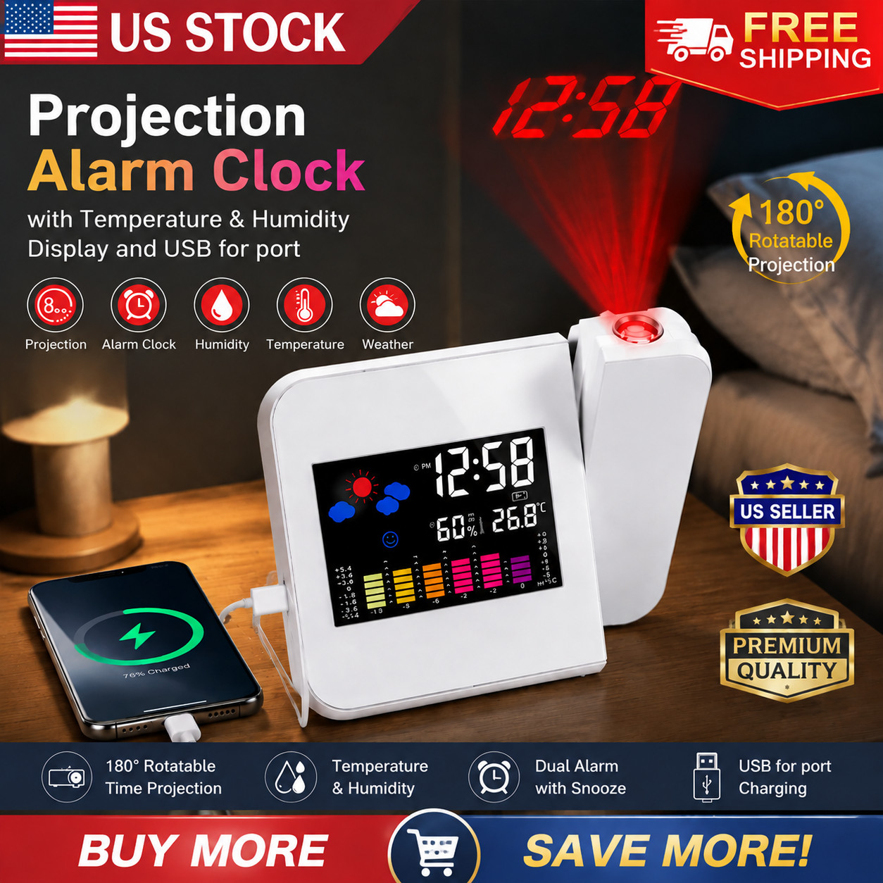 LED Projection Alarm Clock Temp Humidity Display Dual Alarm Snooze USB Port