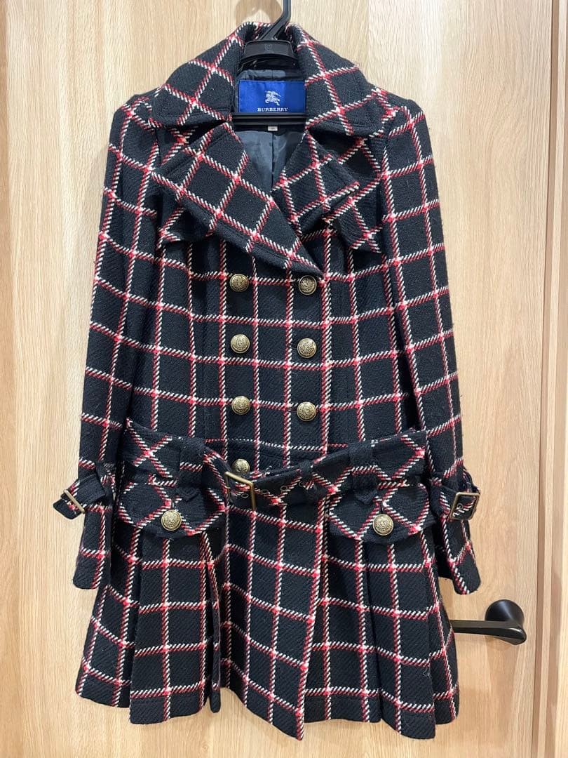 Burberry Blue Label Check Wool Pleated Coat, Size38(US-S), Good Condition, Rare