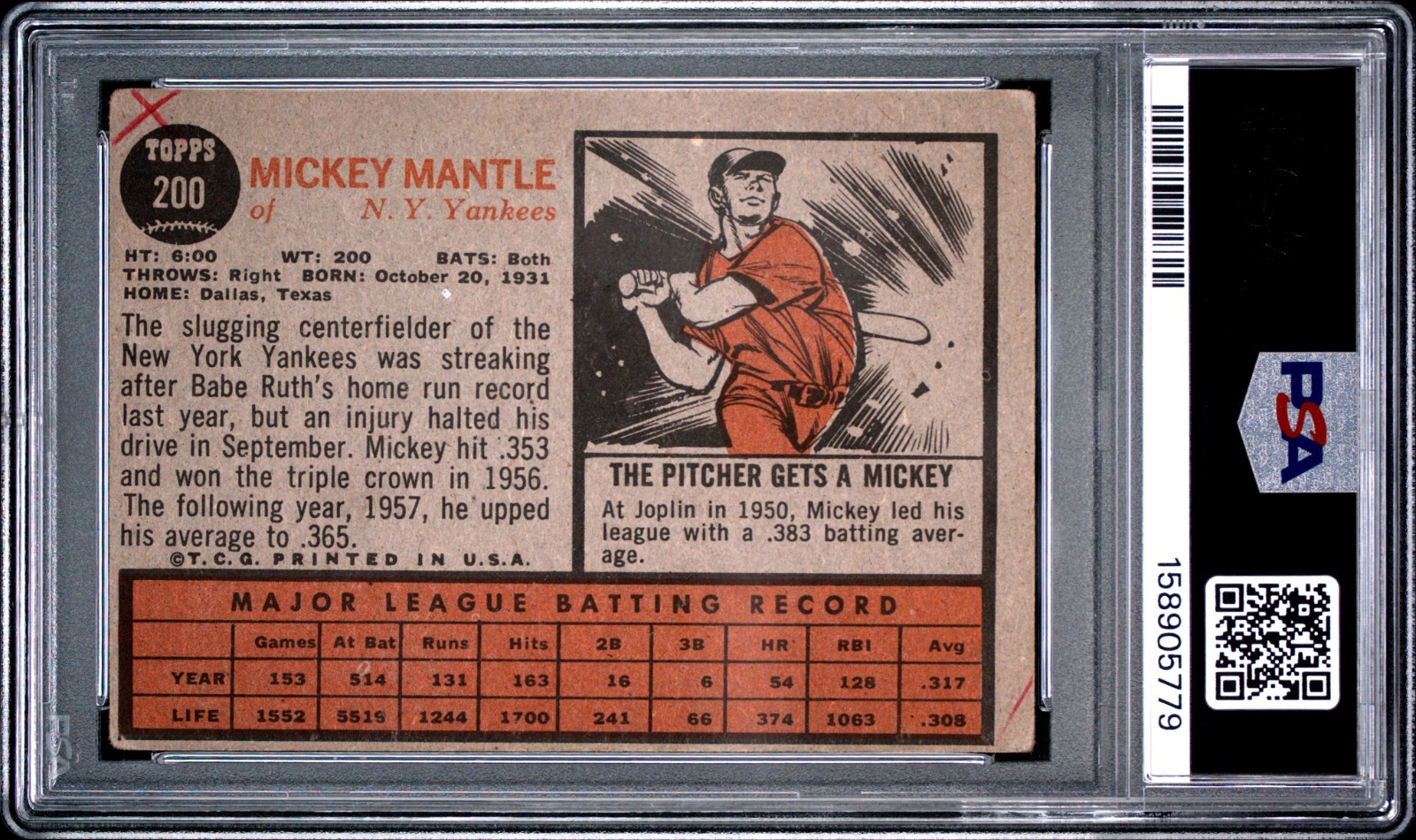 PSA 3 (MK) 1962 Topps #200 Mickey Mantle New York Yankees view 3
