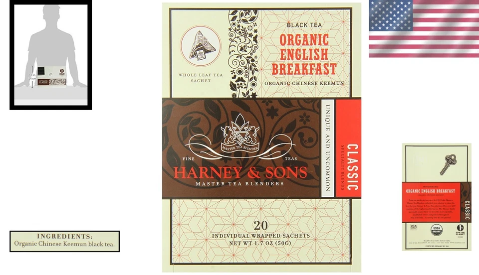 Té inglés Keemun orgánico premium para desayuno - 20 sobres para cervezas suaves Foto 2 de 4