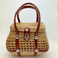 Mini Hand Woven Palm Leaf Purse Metal Closure Vegan Leather Lightweight Tote
