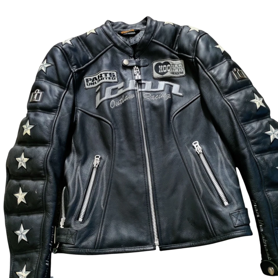 Chaqueta Icon Motorcycle Kitty Cuero Negro Mujer’s Cremallera Mediana Outlaw Racing A8 Foto 3 de 4