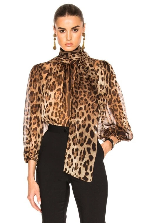 Dolce Gabbana — Dolce & Gabbana Silk Leopard Print Blouse IT 38 Sheer Pussy Bow Shirt Brand New