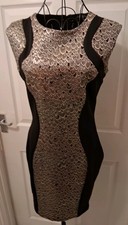 LITTLE MISTRESS LONDON Black Bodycon Dress Shimmer Gold Mermaid Scales Size 10