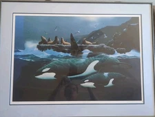  DON MCMICHAEL art serigraph STORM WATCH print Framed Ocean Orcas Seals