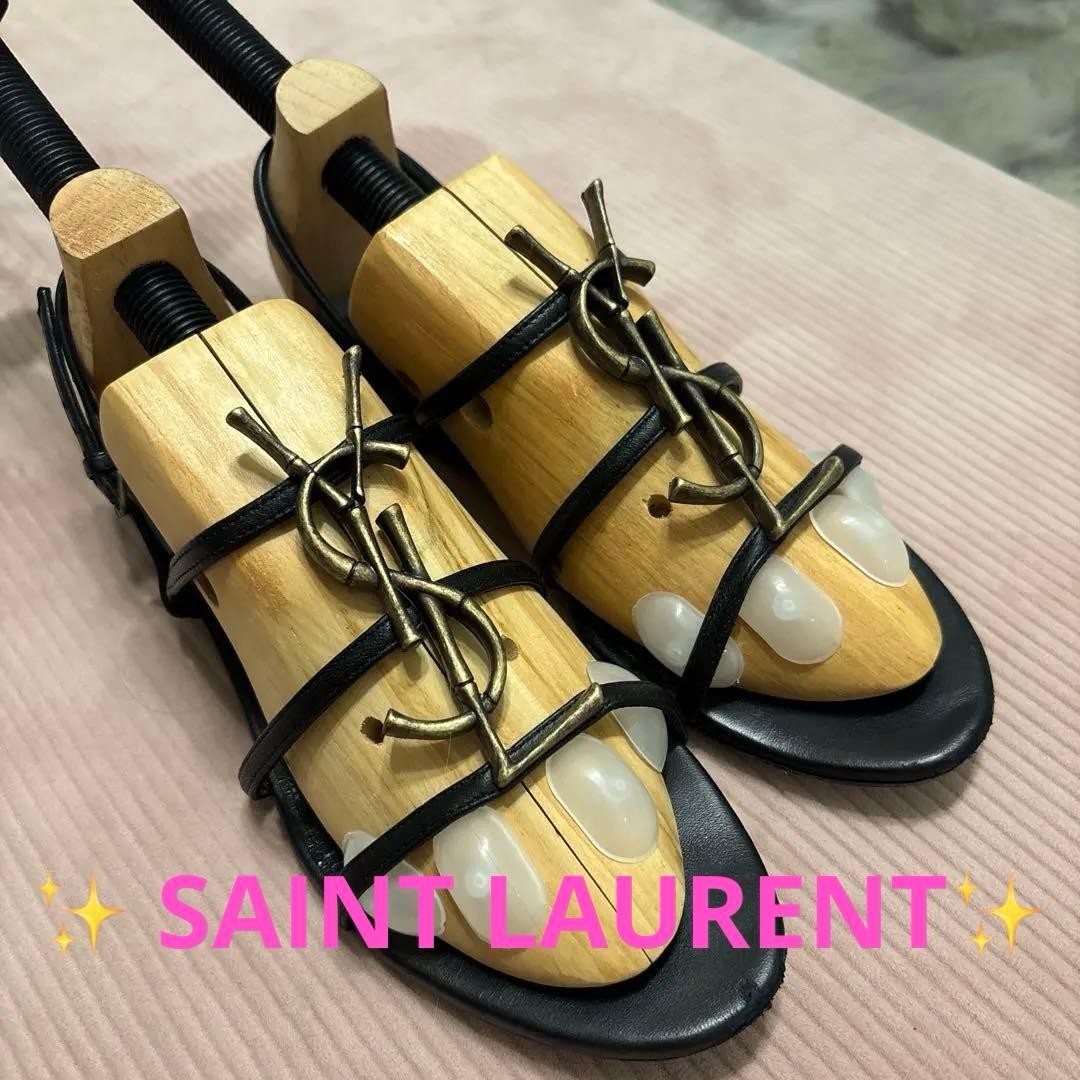 Saint Laurent Sandals Shoes YSL EU 37.5 US 7.5 Leather Black Gold Authentic thumbnail 7
