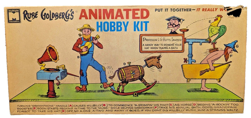 VTG. MULTIPLE RUBE GOLDBERG'S " ANIMATED HOBBY KIT BACK SCRUBBER & HAT REMOVER "