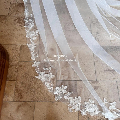 Cathedral Flower Leaf Lace Mantilla Bridal Wedding Veil with Comb Handmade