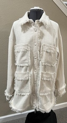 APPARIS Ivory Fringe Button Jacket with Pockets Collared Medium Long Sleeve