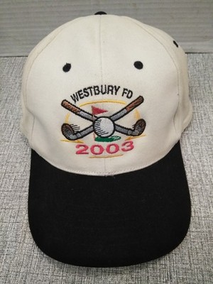 WESTBURY Long Island New York Fire Dept 2003 GOLF HAT, BEIGE  & BLACK, BY ANVIL