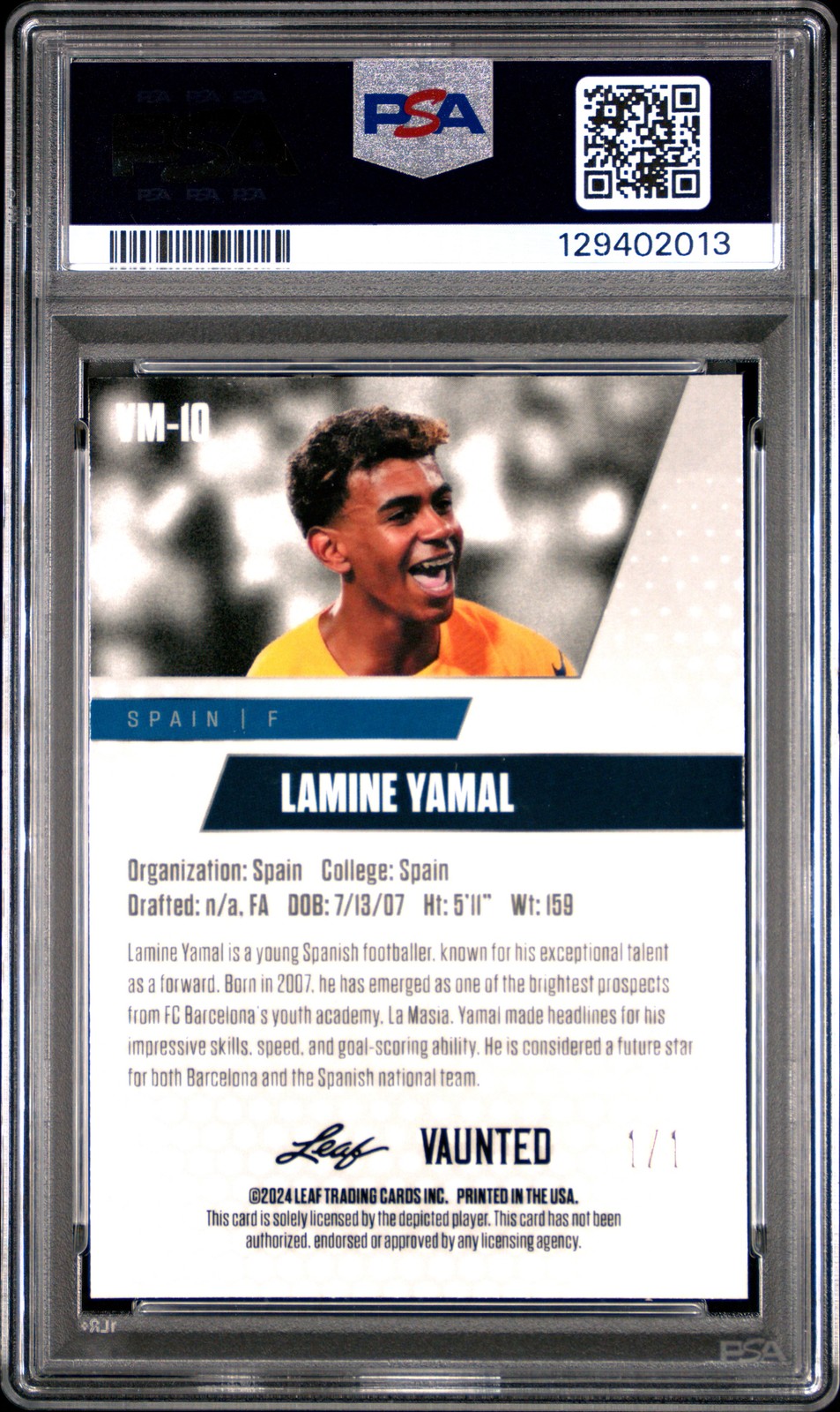 PSA 10 Lamine Yamal 2024 Leaf Vaunted Metal #VM-10 Gold Superprismatic 1/1 Card view 2