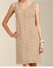 Talbots Women's Tan Eyelet Sleeveless Sheath Dress Embroidered V-Neck Size 12P