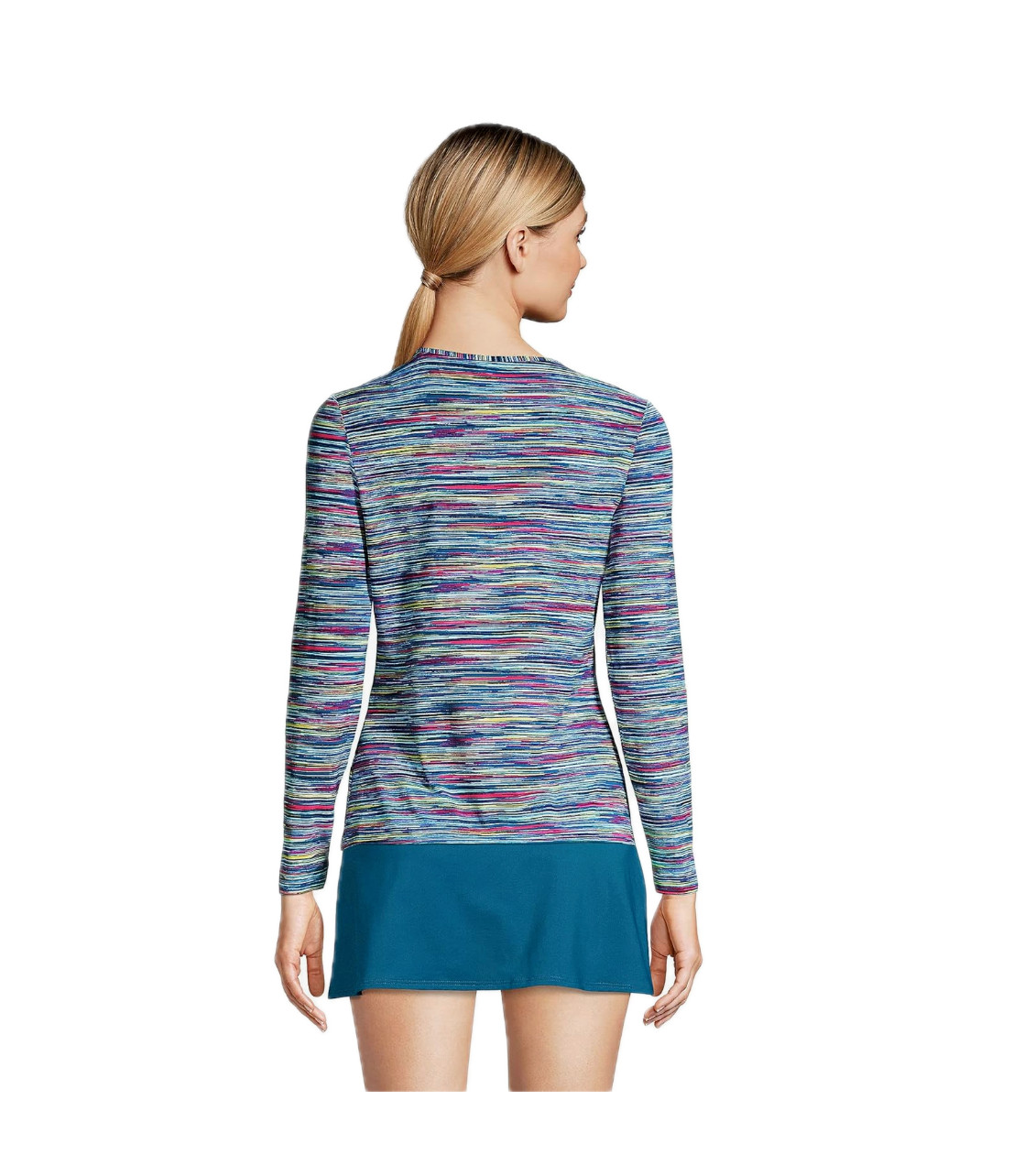 Lands' End Women's S-M Long Sleeve Swim Tee Rash Guard Deep Sea Navy/Spaced Dye