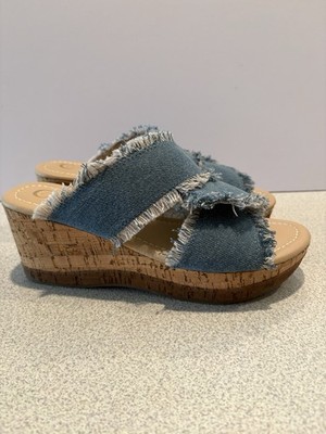 C Comfort  Blue Denim Wedge Casual Slides Size 7M 3  Heel Cork