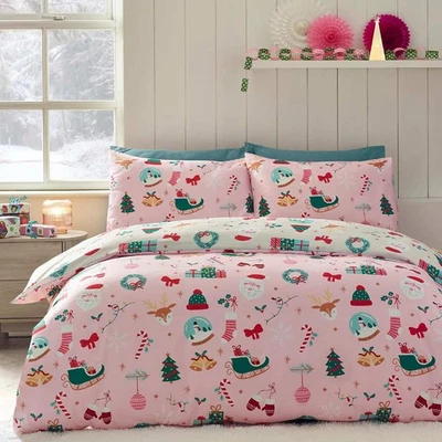 Christmas Happy Holidays Bedding Pink Reversible Duvet Cover Set Or Throw - image 1 of 4