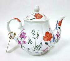 NEW KENT POTTERY WHITE BLUE,PURPLE SPRING FLORAL COFFEE POT,TEAPOT~ 36 OZ,4 CUPS