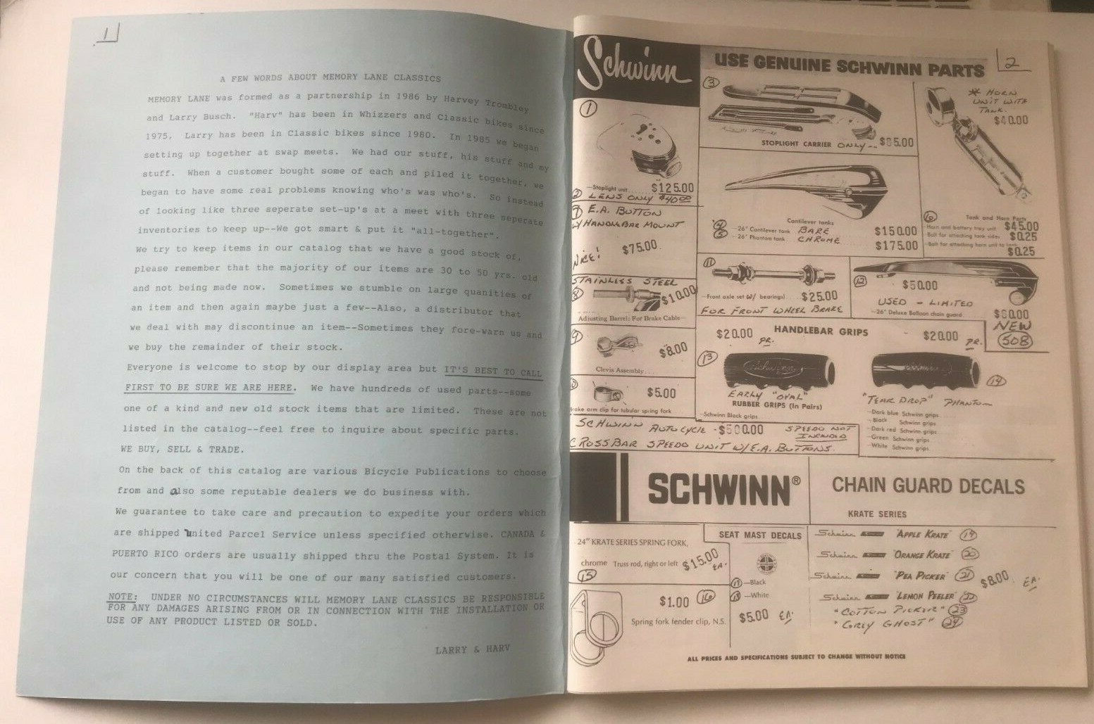 Memory Lane Classics Bicycle Parts & Accessories Catalog-Original-Collectable