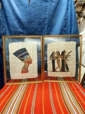 Coppia Di Papiri Artigian Stile Antico Egitto Nefertari Cornice In Doppio Vetro 