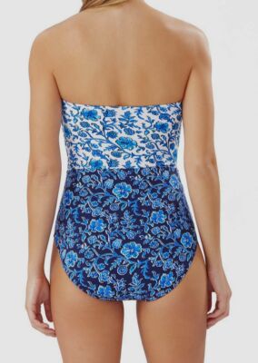 Tommy Bahama 67537 Womens Blue Woodblock Ruffled Bandeau Swimsuit