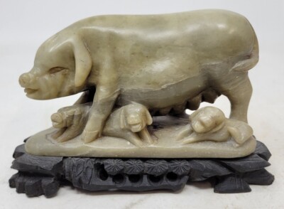 Vintage Hand Carved Soapstone Pig with Nursing Piglets