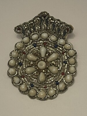 Metal Thread Embroidered Beaded Patch Brooch Pin White Milk Glass Beads India