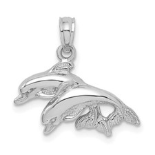 14K White Gold Polished Double Dolphins Jumping Left Charm Pendant