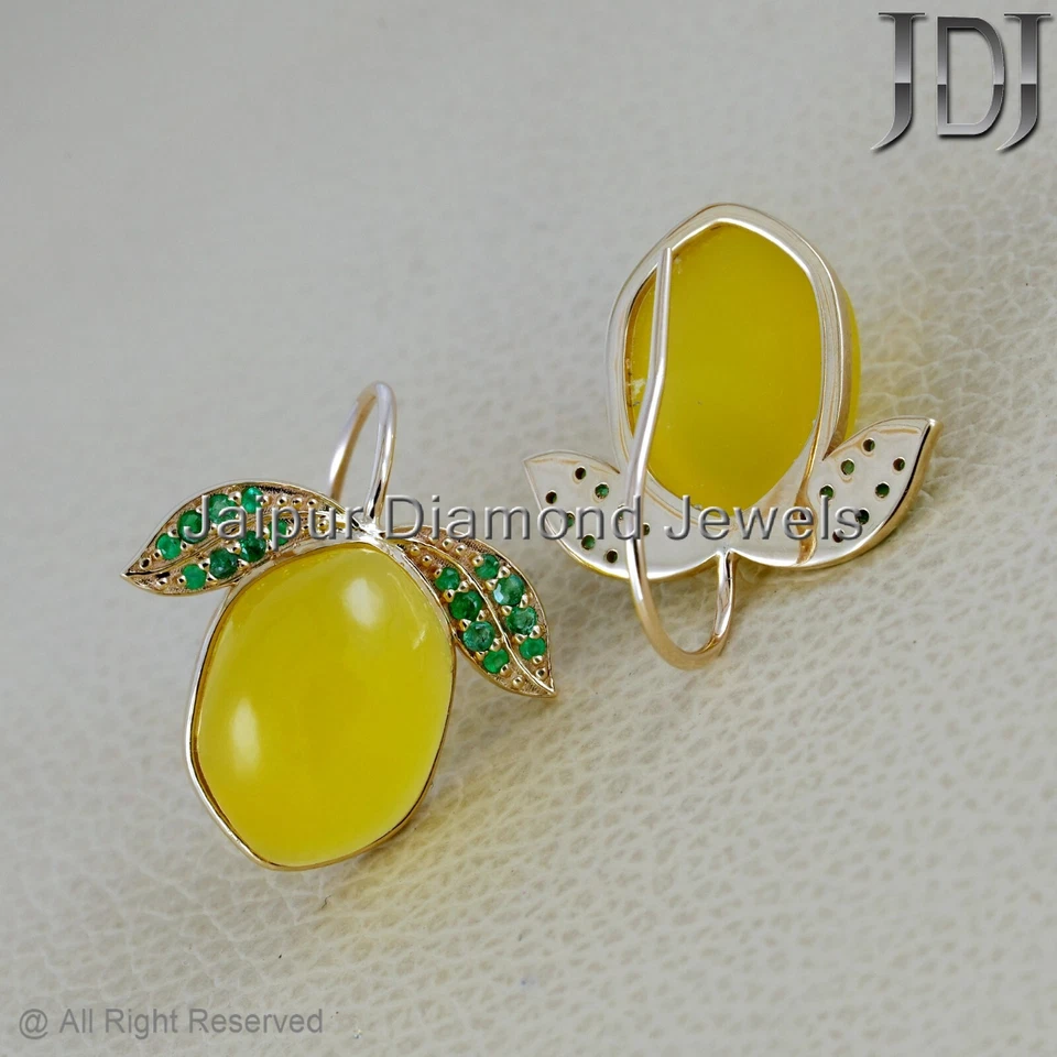 Aretes de oro amarillo de 14K con piedras preciosas de cuarzo limón esmeralda natural mango fruta Foto 2 de 4