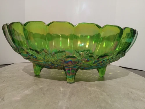 Vintage Iridescent Green Indiana Carnival Glass Oval Footed Fruit Bowl