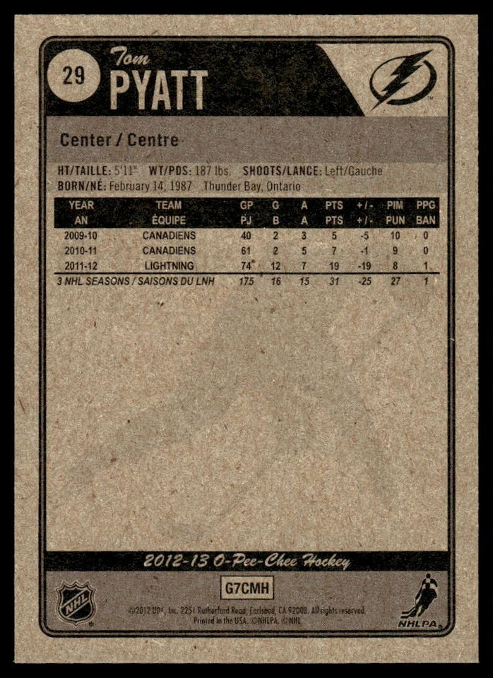 2012-13 O-Pee-Chee Red Tom Pyatt Tampa Bay Lightning #29 - Image 2 of 2