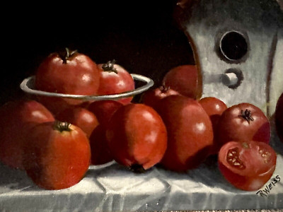 Tomatoes and birdhouse on 14 x 14 Canvas board by R.W.Weiss