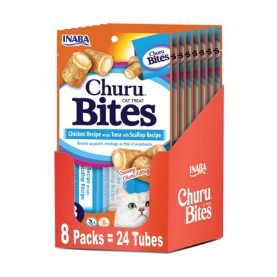 INABA Churu Bites, Soft Cat Treats, 0.35 oz Tube, 24 Tubes, Tuna with Scallop