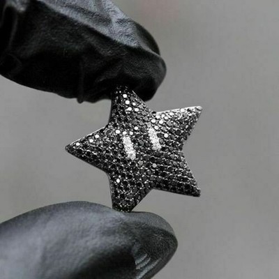 14K White Gold Plated 2.0 Ct Lab Created Black Diamond Mario Star Pendant Silver