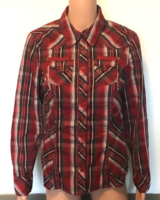 Cecil Blouse Womens S Red Gray Plaid Long Sleeve Button Up Western Shirt Top