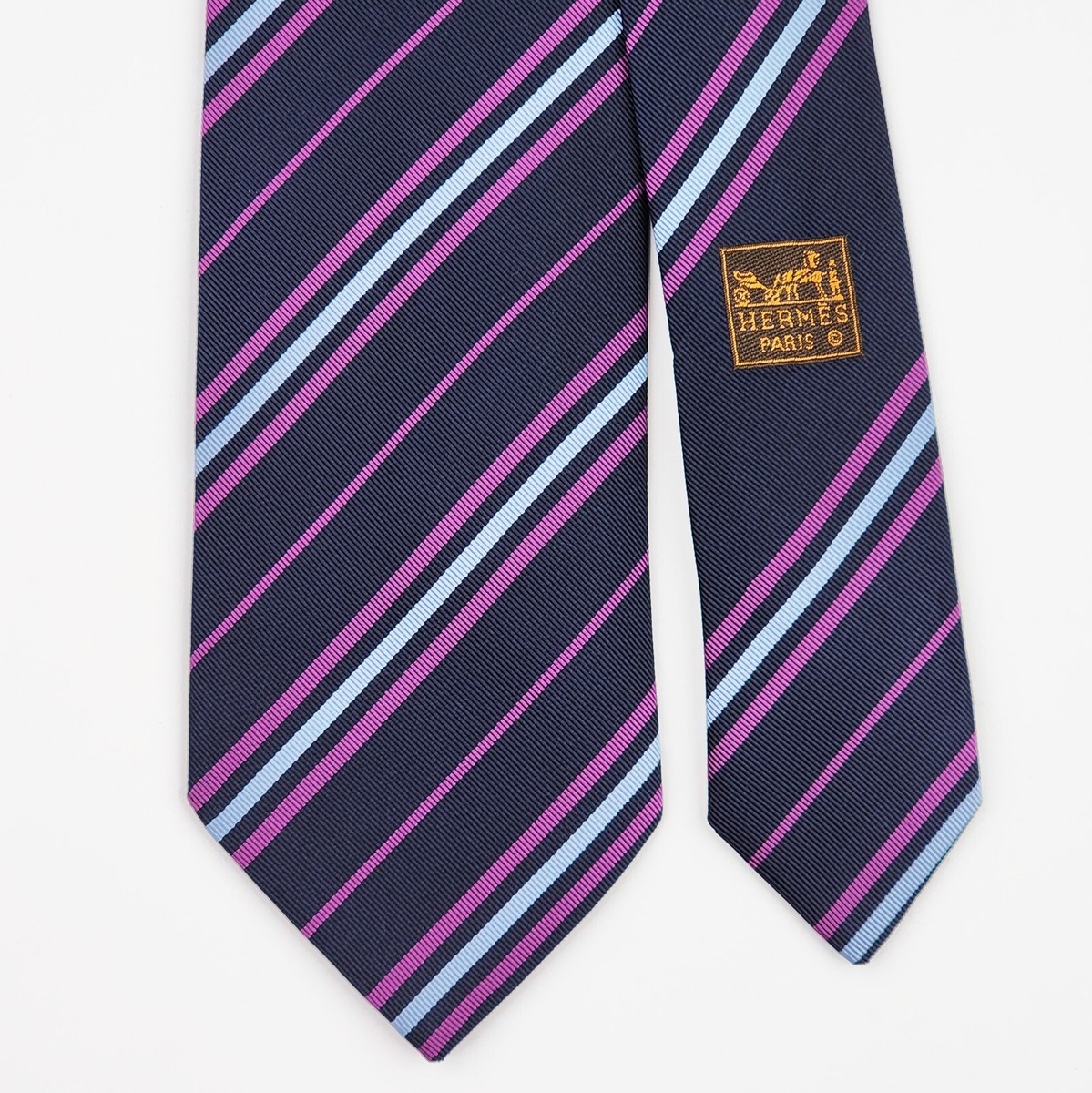 HERMES TIE 659191 T Purple Blue Striped on Dark Blue Woven HERMES TIE 659191 T Purple Blue Striped on Dark Blue Woven