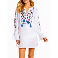 Tory Burch Women's White Wildflower Embroidered Linen Cover-Up Tunic Top Size S