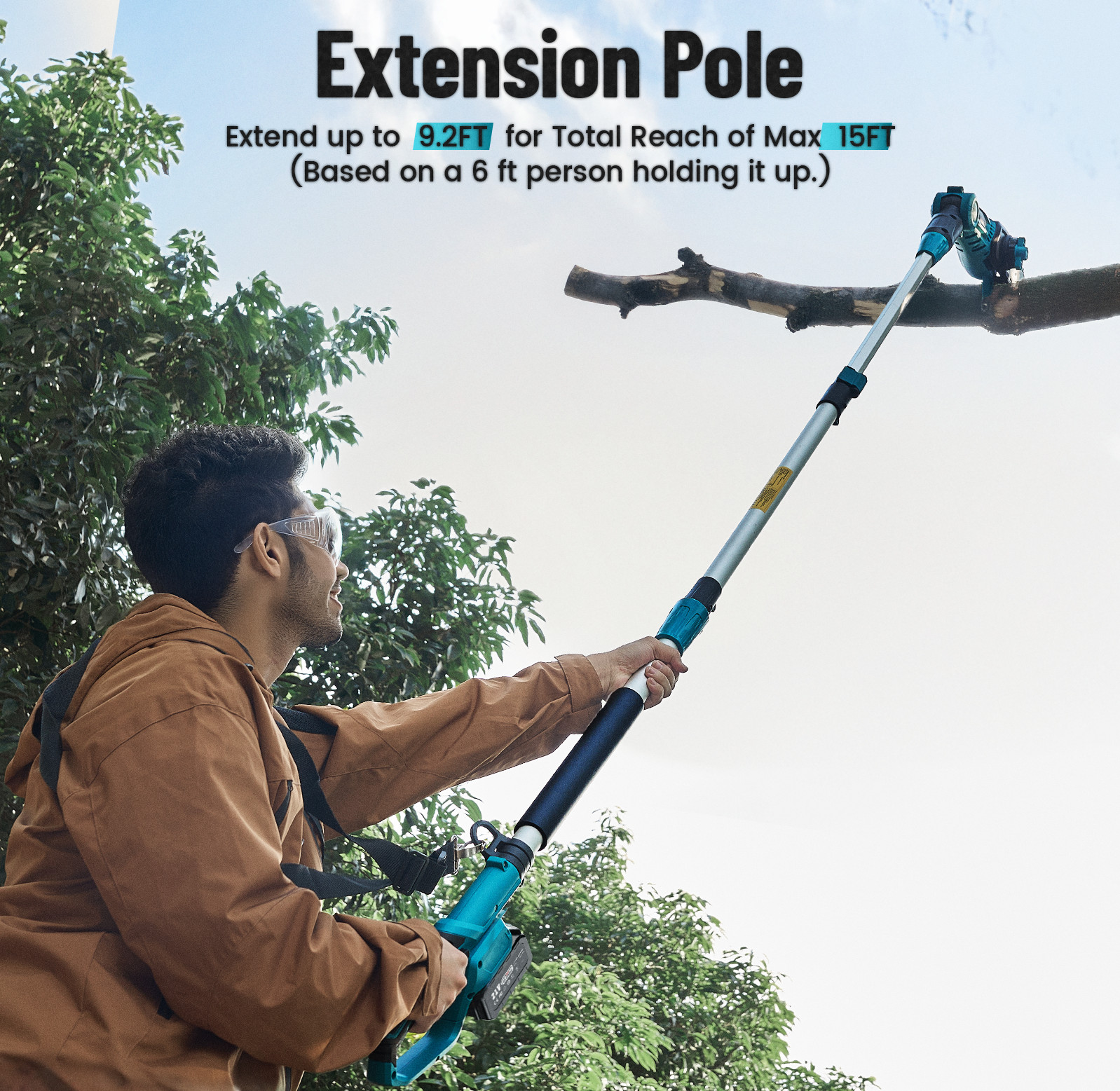 Cordless Pole Chainsaw Electric Pole Saws 15ft Reach 10 In Blade 4000mAh Battery