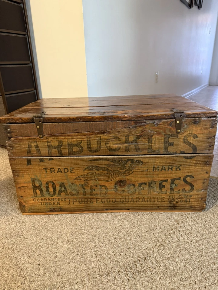 Antigua caja de envío de madera de café tostado Arbuckles con tapa 29x19x16 Foto 3 de 4
