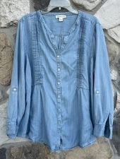 Coldwater Creek Chambray Blouse Top Size 2X Blue Bohemian Peasant Country Chic